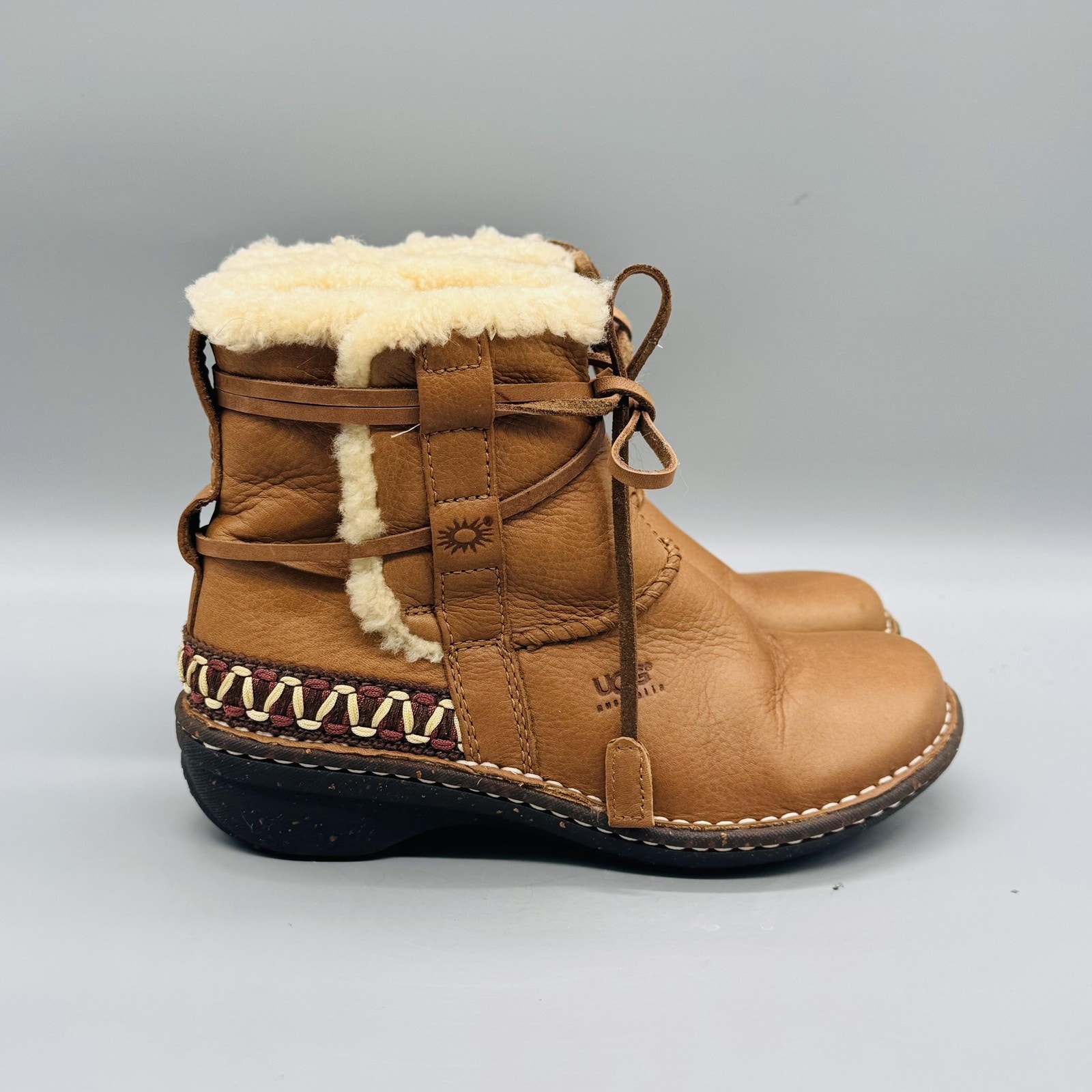 Ugg Australia Boots Womens 6 Brown Leather Shearling Ankle Wedge Winter Booties